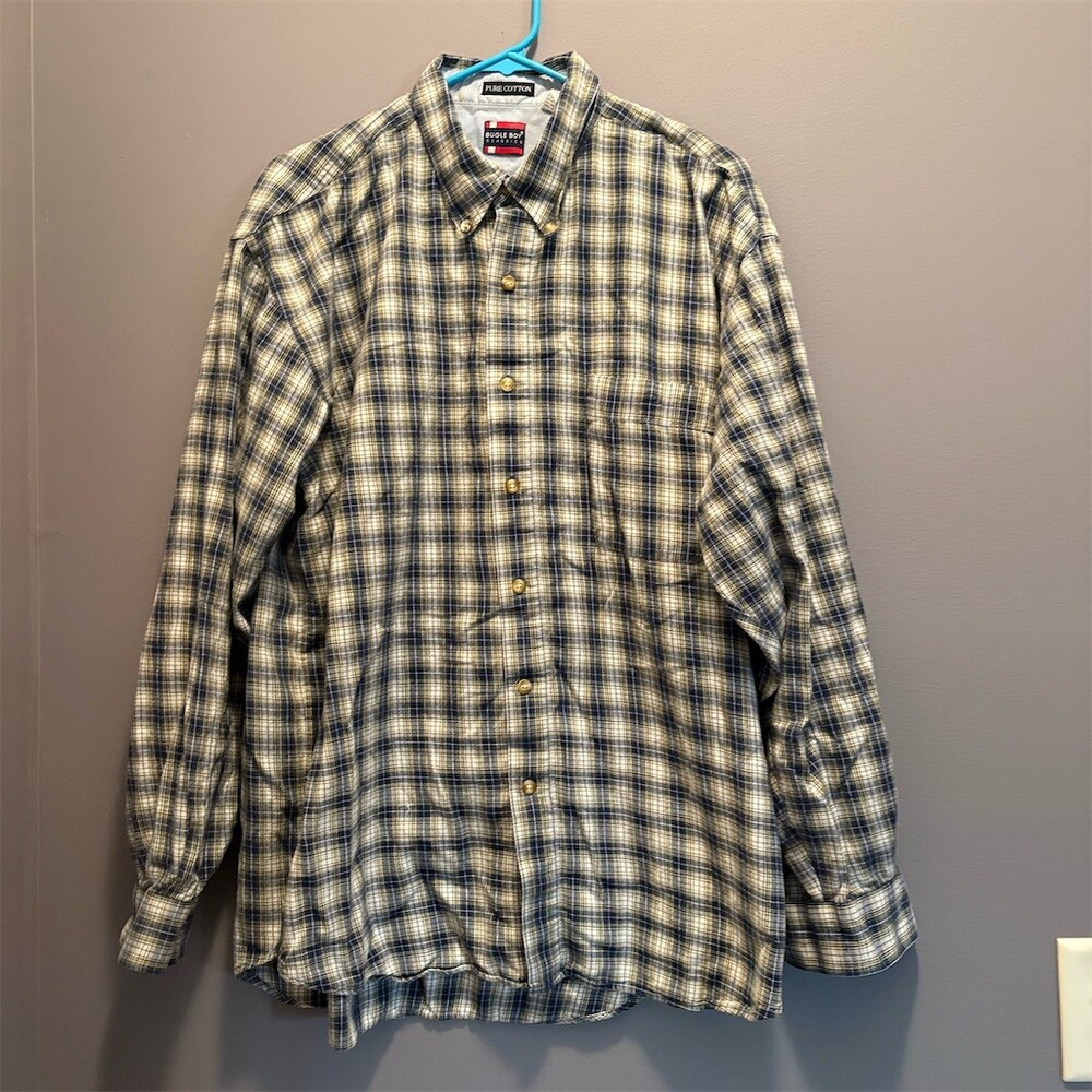 Bugle Boy Classics Shirt Mens 2XL Navy Cream Plaid Button Down Long Sleeve